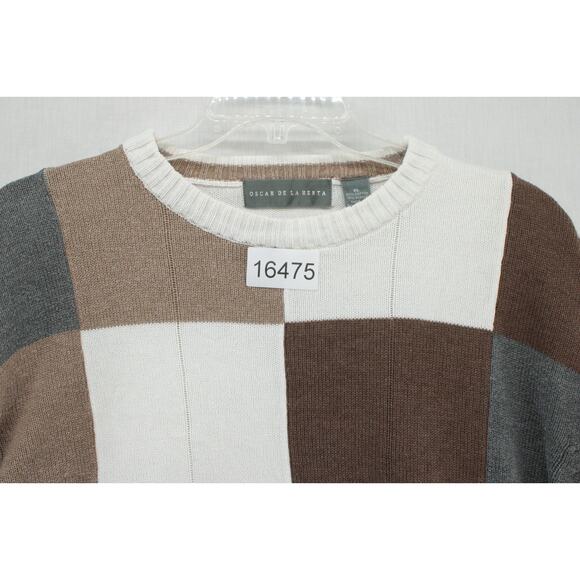 Oscar De La Renta Sweater Men's XL Beige Gray Brown Patchwork Check Preppy - Picture 7 of 7